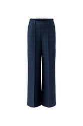 Oui women's dark navy wide-leg pants with belt loops and sharp pressed creases shown from the front