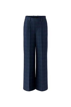 Oui women's dark navy wide-leg pants with belt loops and sharp pressed creases shown from the front