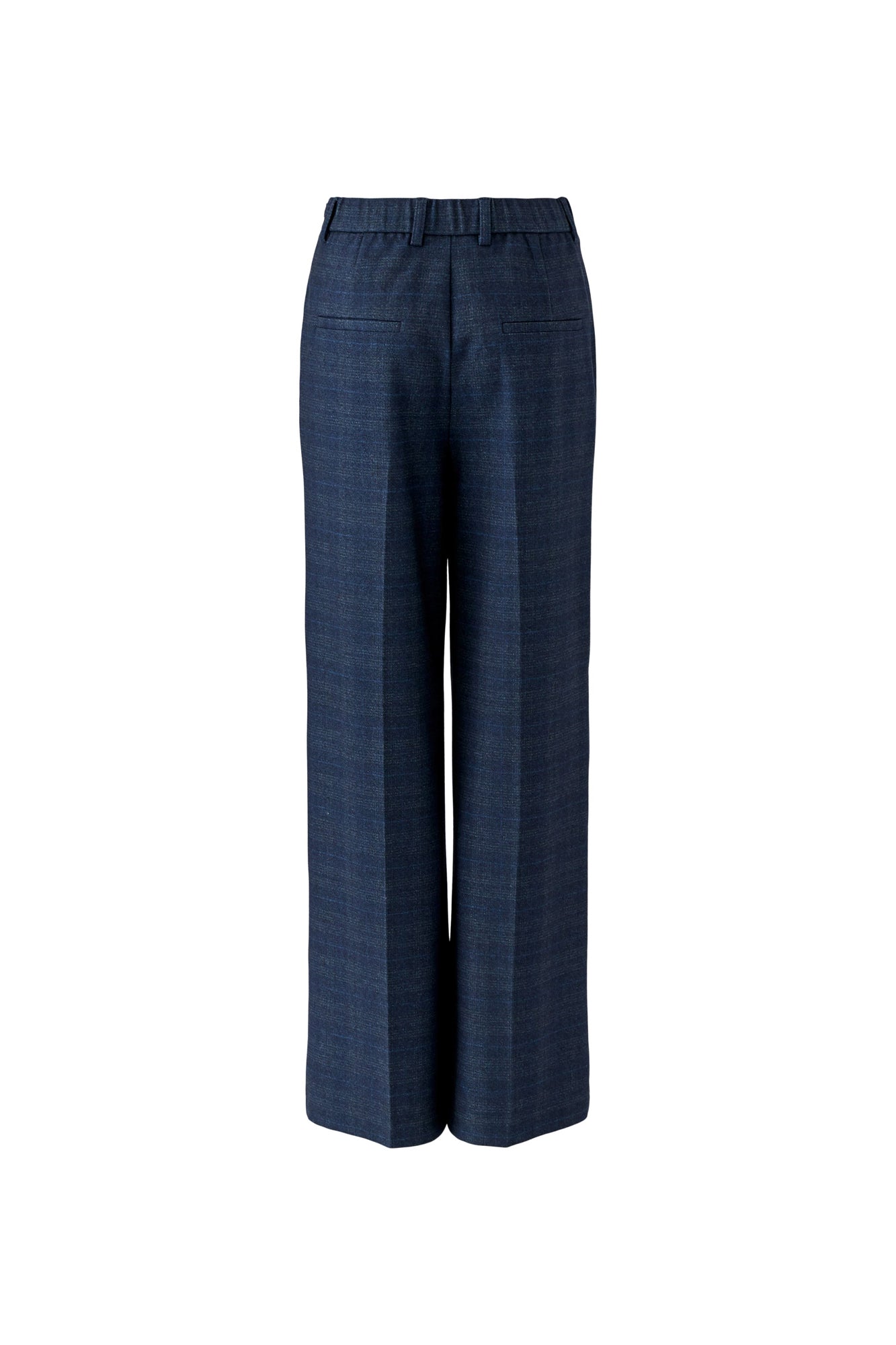 Oui women's dark navy wide-leg pants with belt loops and two welt pockets shown from the back