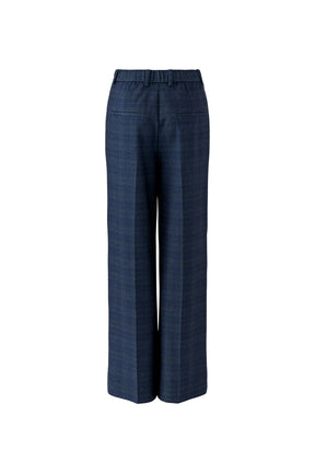 Oui women's dark navy wide-leg pants with belt loops and two welt pockets shown from the back