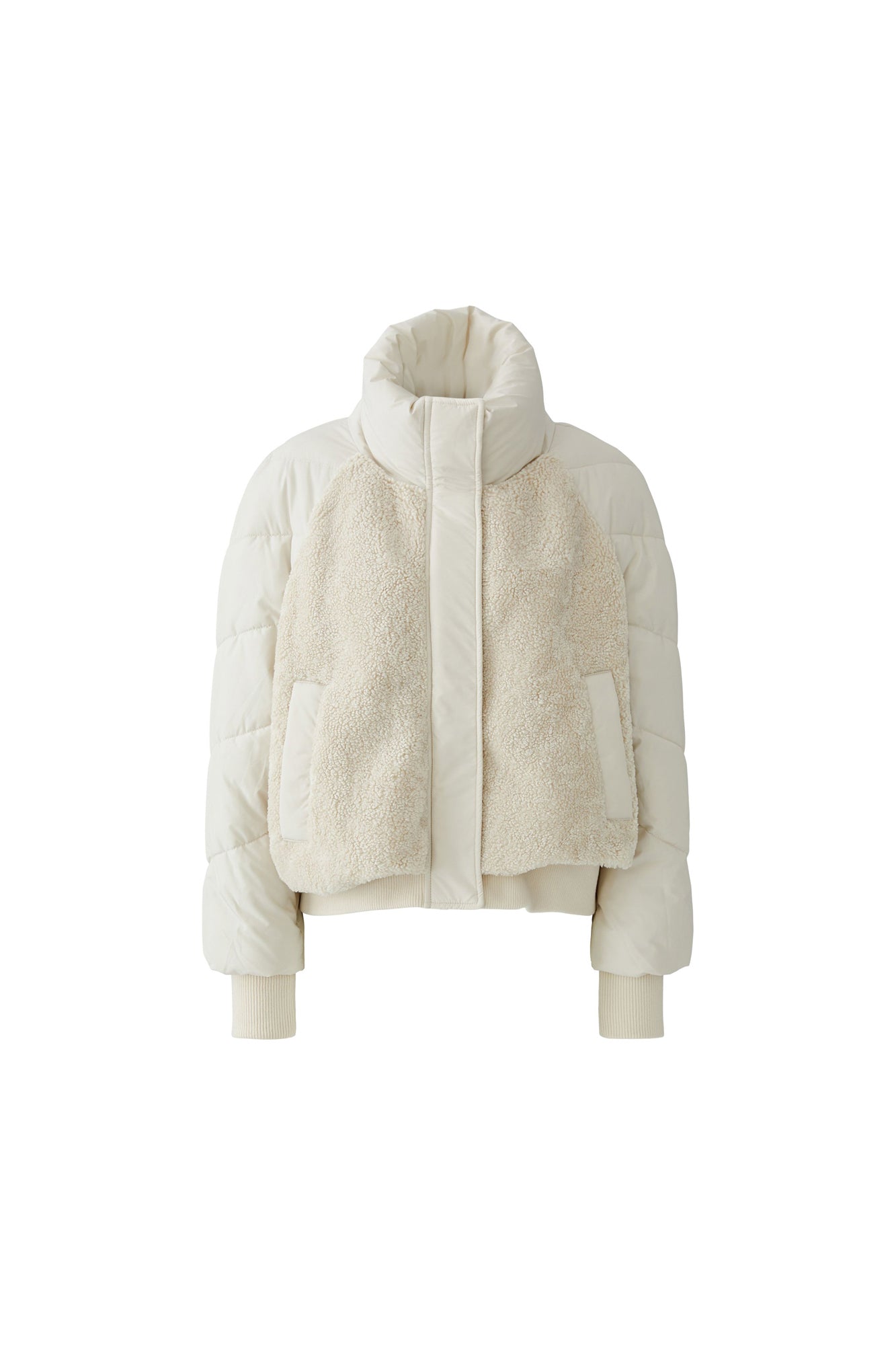 Oui women's cream cropped puffer coat with sherpa front, high collar and pockets, front product view