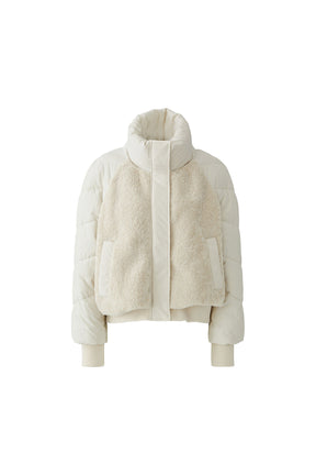 Oui women's cream cropped puffer coat with sherpa front, high collar and pockets, front product view