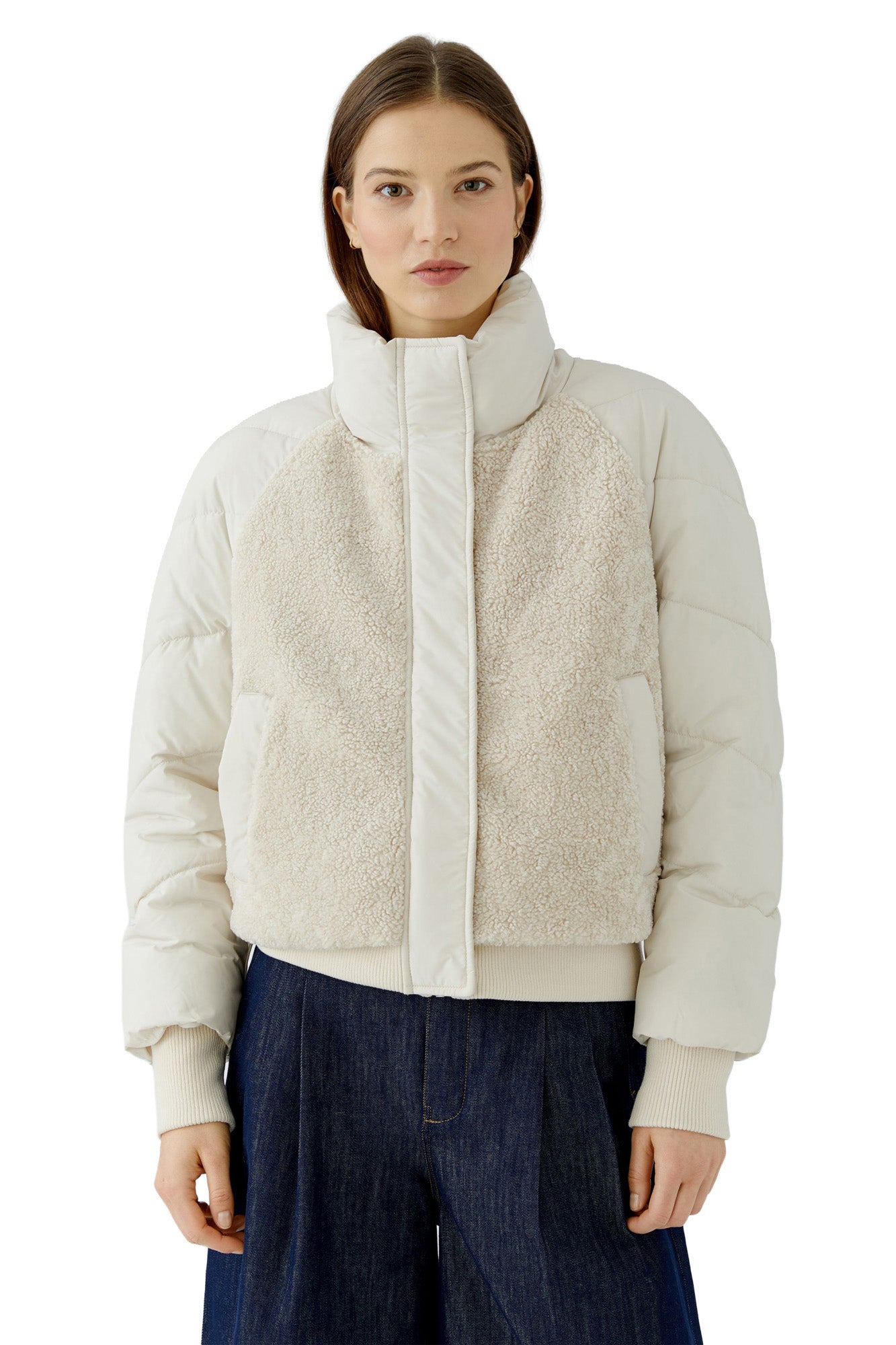 Oui women's cream cropped puffer coat with sherpa front, high collar and rib cuffs shown from the front