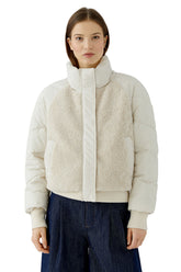 Oui women's cream cropped puffer coat with sherpa front, high collar and rib cuffs shown from the front
