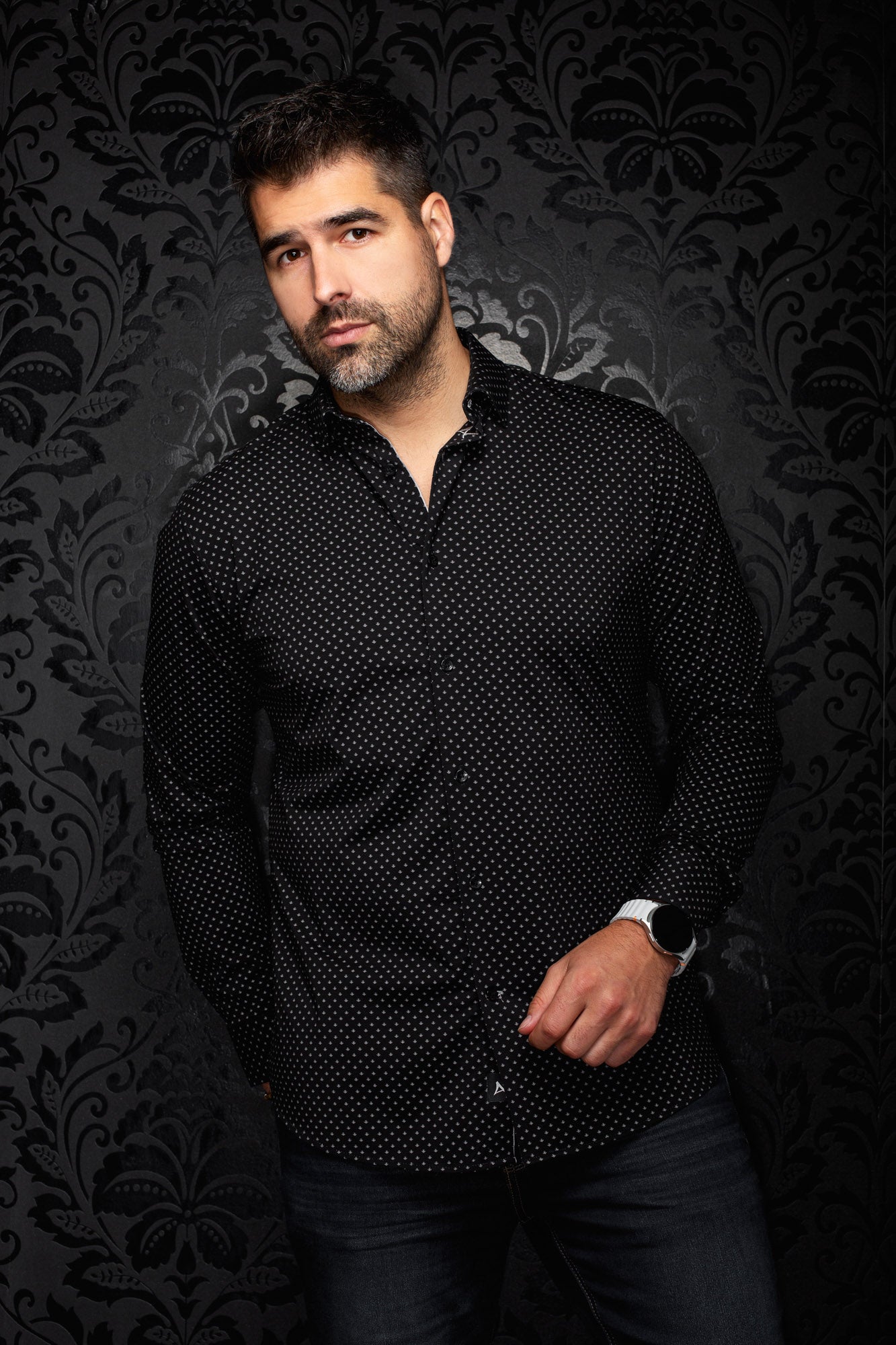Au Noir men's black long sleeve button-up shirt with small gray geometric print shown from the front