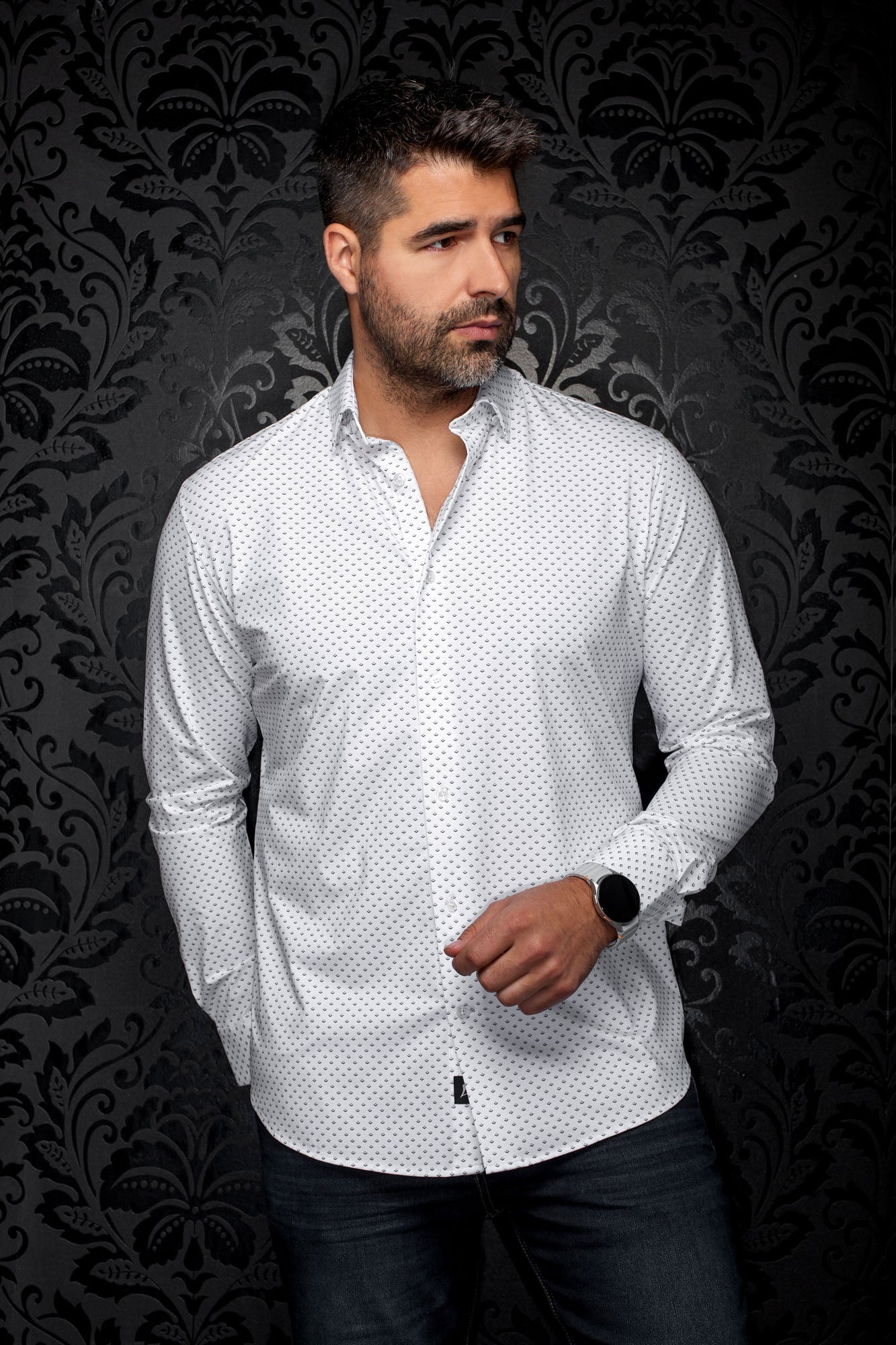 Front view of men's white long sleeve button-up shirt with point collar and small black geometric print by Au Noir