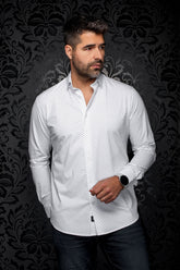 Front view of men's white long sleeve button-up shirt with point collar and small black geometric print by Au Noir