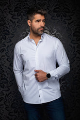 Men's white shirt with blue microprint, front model view with open collar and button placket by Au Noir
