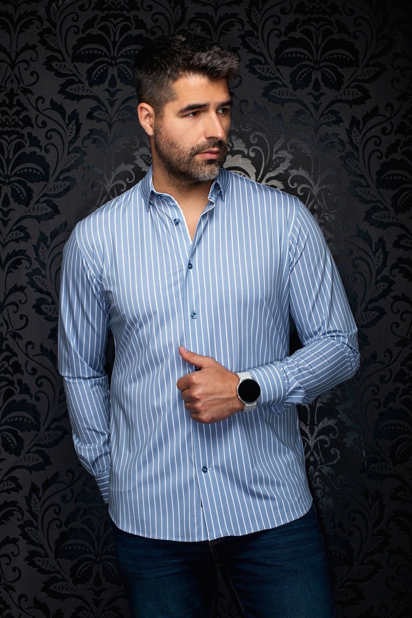 Men's light blue and white striped button-up shirt, front view with button cuffs and point collar by Au Noir