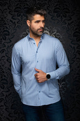 Men's light blue and white striped button-up shirt, front view with button cuffs and point collar by Au Noir