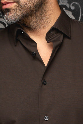 Au Noir men's dark brown shirt open collar, black buttons and button placket, close-up