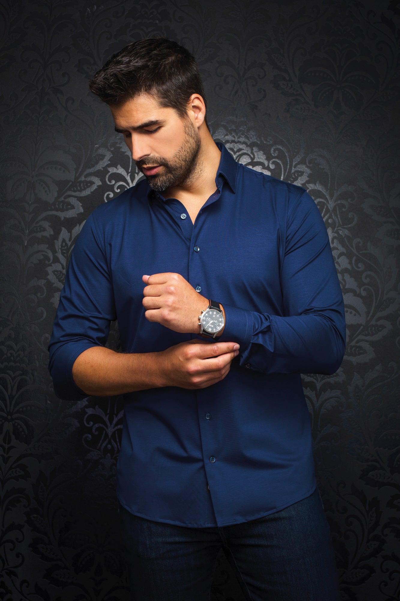Au Noir men's navy blue long sleeve button-up shirt with spread collar and tonal buttons, front view