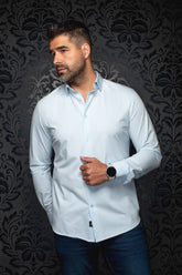 Au Noir men's light blue long sleeve button-up shirt with tonal buttons and spread collar shown from the front