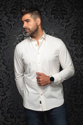 Front view of men's white long sleeve button-up shirt with curved hem and pointed collar by Au Noir