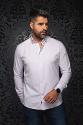 Au Noir men's light lavender long sleeve button-up shirt with white buttons and pointed collar shown from the front
