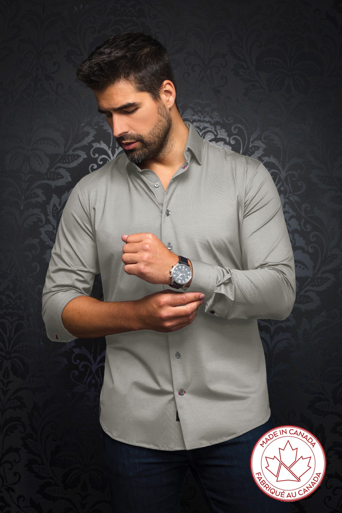 Chemise manches longues en Knit fabriquée au Canada pour homme par Au Noir | ALEXANDER Gris | Vvog.ca, inventaire complet de la marque Au Noir