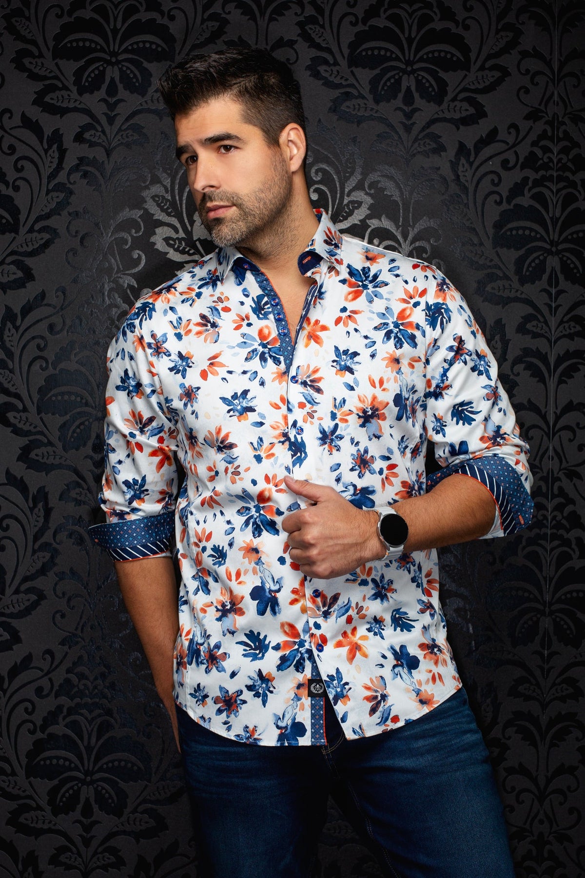 Chemise manches longues en coton extensible pour homme par Au Noir | AMARO Bleu Pâle Orange | Boutique Vvög, inventaire complet de la marque Au Noir