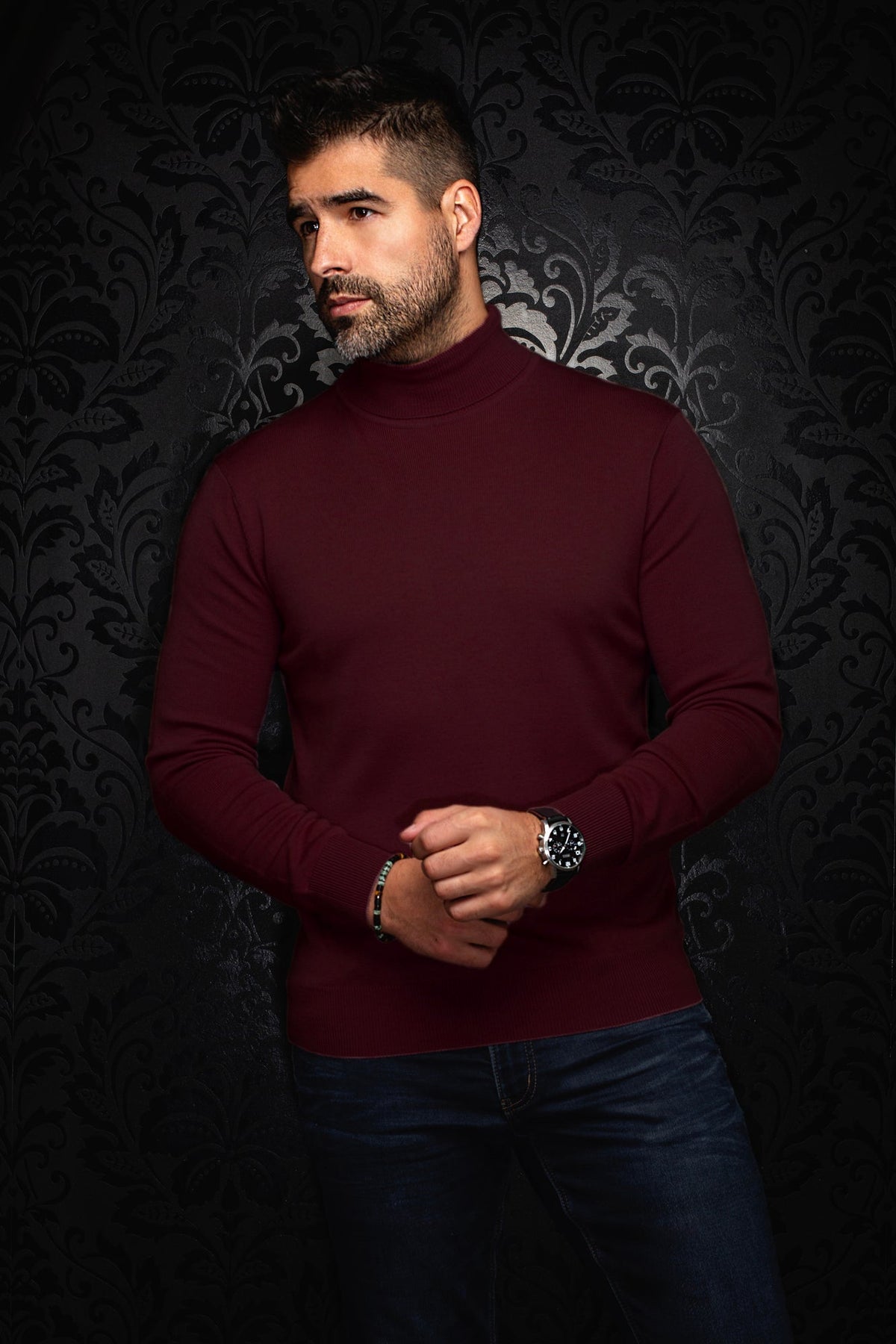 Chandail col roulé en laine mérino pour homme par Au Noir | ARKANES Cabernet | Boutique Vvög, inventaire complet de la marque Au Noir