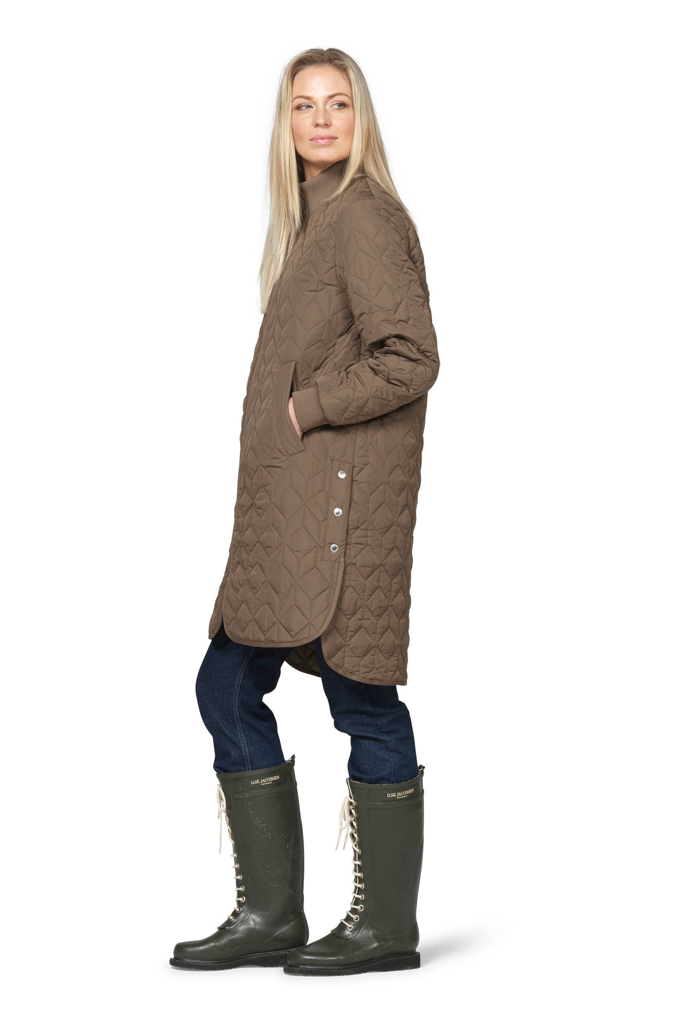 Ilse Jacobsen women's taupe quilted coat with snap side slit, rib cuff, and angled pocket, side view
