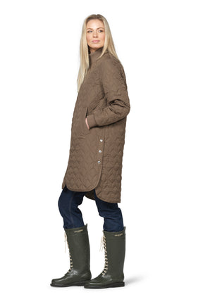 Ilse Jacobsen women's taupe quilted coat with snap side slit, rib cuff, and angled pocket, side view