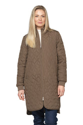 Ilse Jacobsen women's taupe long quilted coat with rib collar, front zipper, and angled pockets, front view