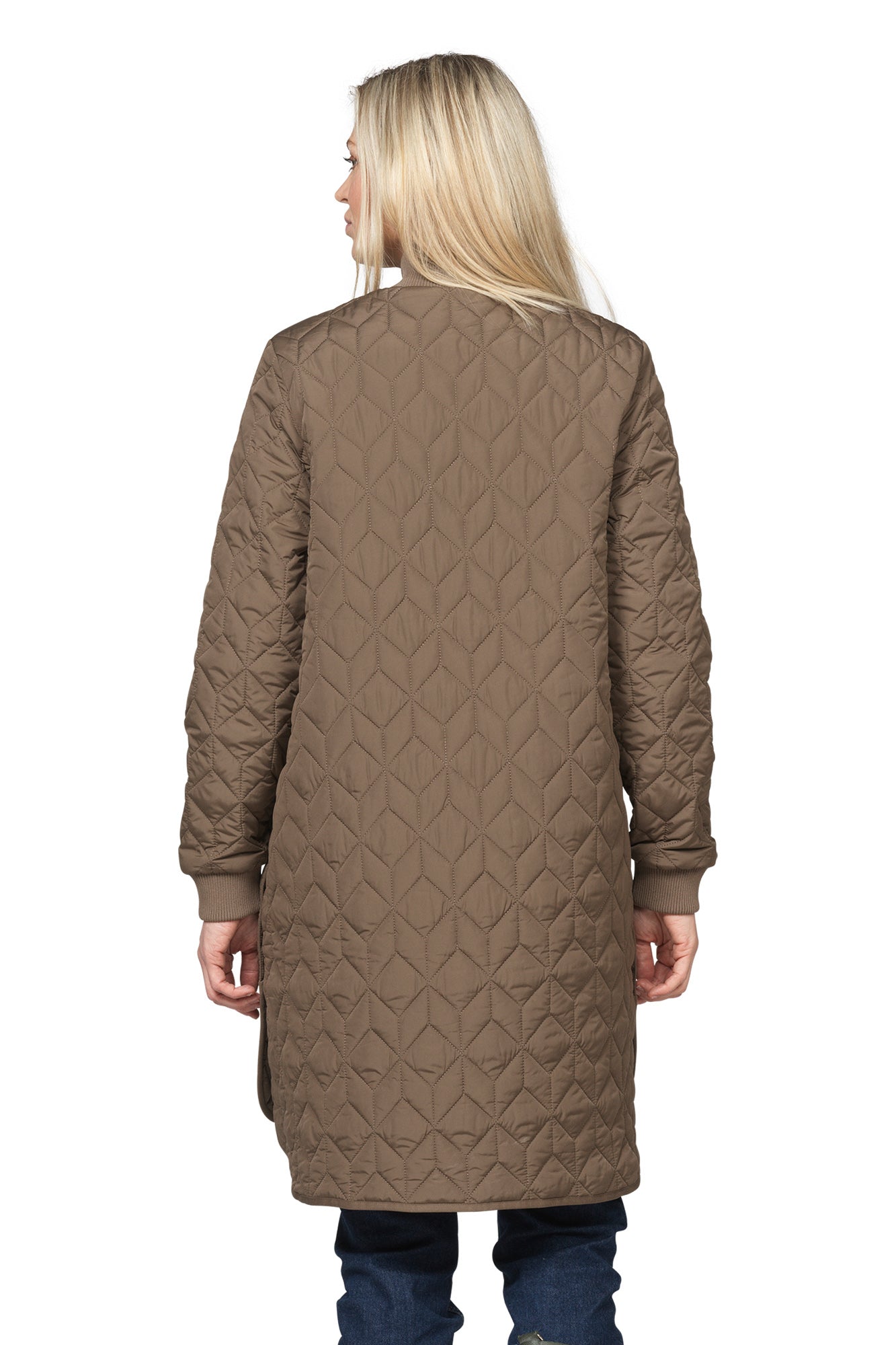 Ilse Jacobsen women's taupe long quilted coat with geometric stitching and rib cuffs shown from the back