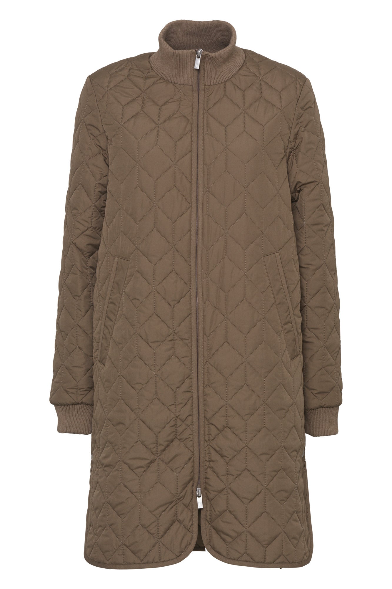 Ilse Jacobsen women's taupe quilted coat with rib stand collar and two-way zipper, isolated front view
