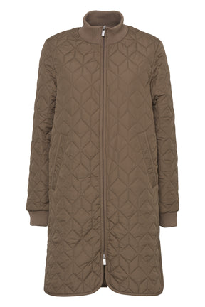 Ilse Jacobsen women's taupe quilted coat with rib stand collar and two-way zipper, isolated front view