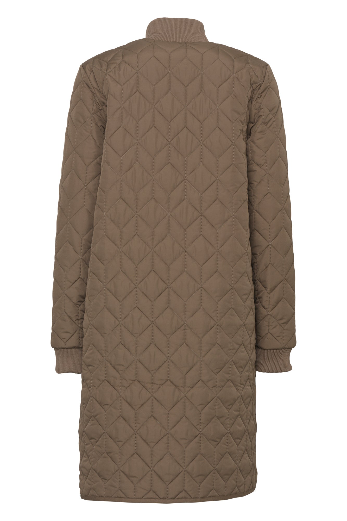 Ilse Jacobsen women's taupe long quilted coat with rib collar, long sleeves, and straight hem, isolated back view