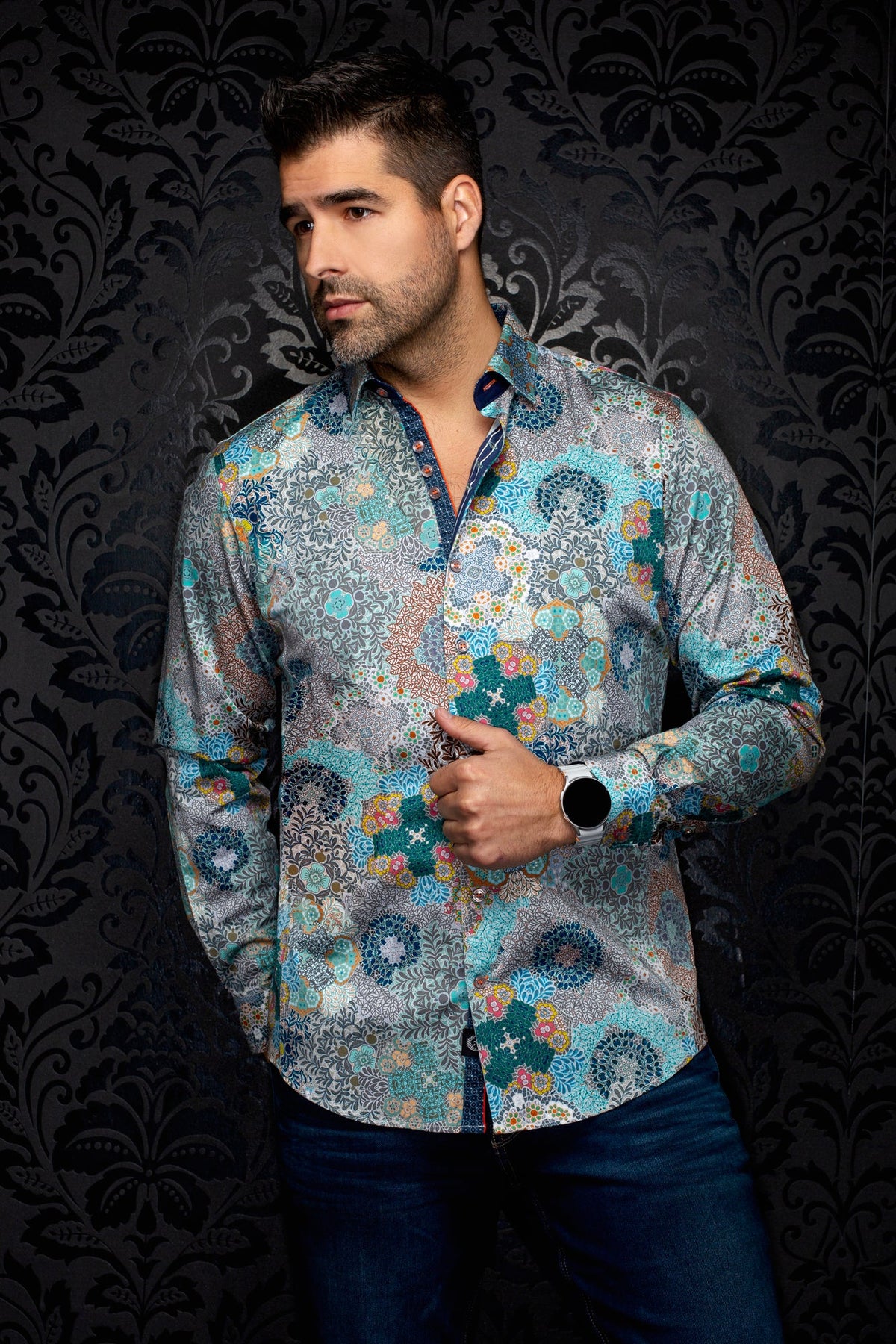 Chemise manches longues en coton extensible pour homme par Au Noir | ASHAR Aqua Vert | Boutique Vvög, inventaire complet de la marque Au Noir
