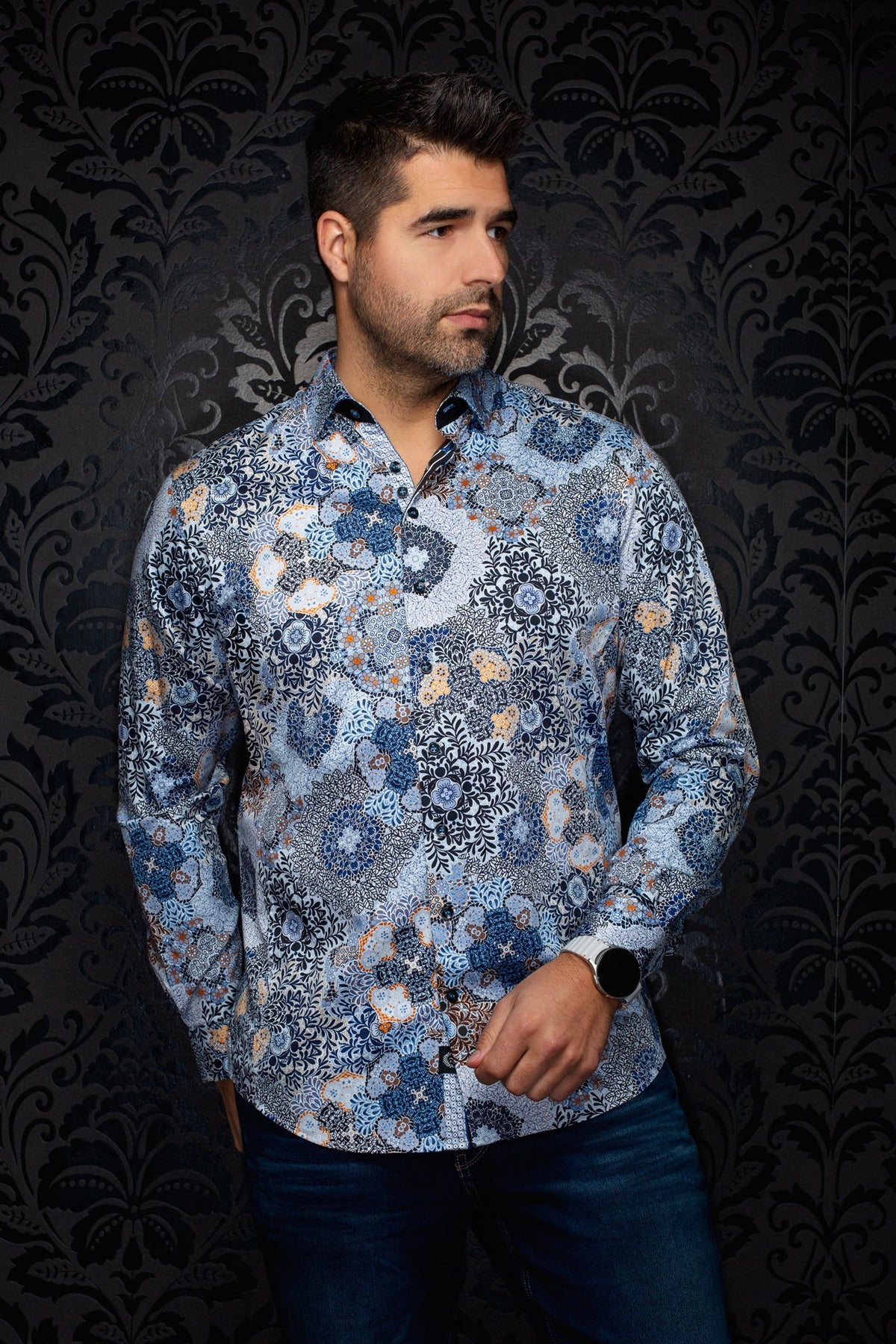 Chemise manches longues en coton extensible pour homme par Au Noir | ASHAR Bleu | Boutique Vvög, inventaire complet de la marque Au Noir