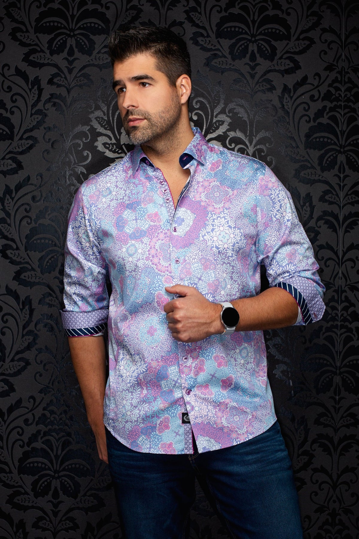 Chemise manches longues en coton extensible pour homme par Au Noir | ASHAR Rose | Boutique Vvög, inventaire complet de la marque Au Noir