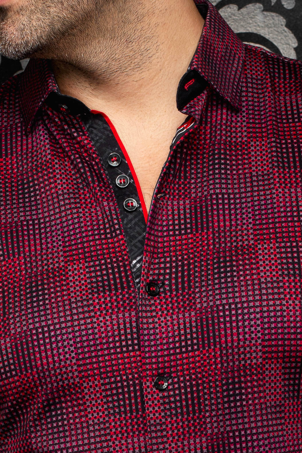 Au Noir men's red and black micro-check shirt collar, red piping, buttons and black placket, close-up