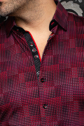 Au Noir men's red and black micro-check shirt collar, red piping, buttons and black placket, close-up