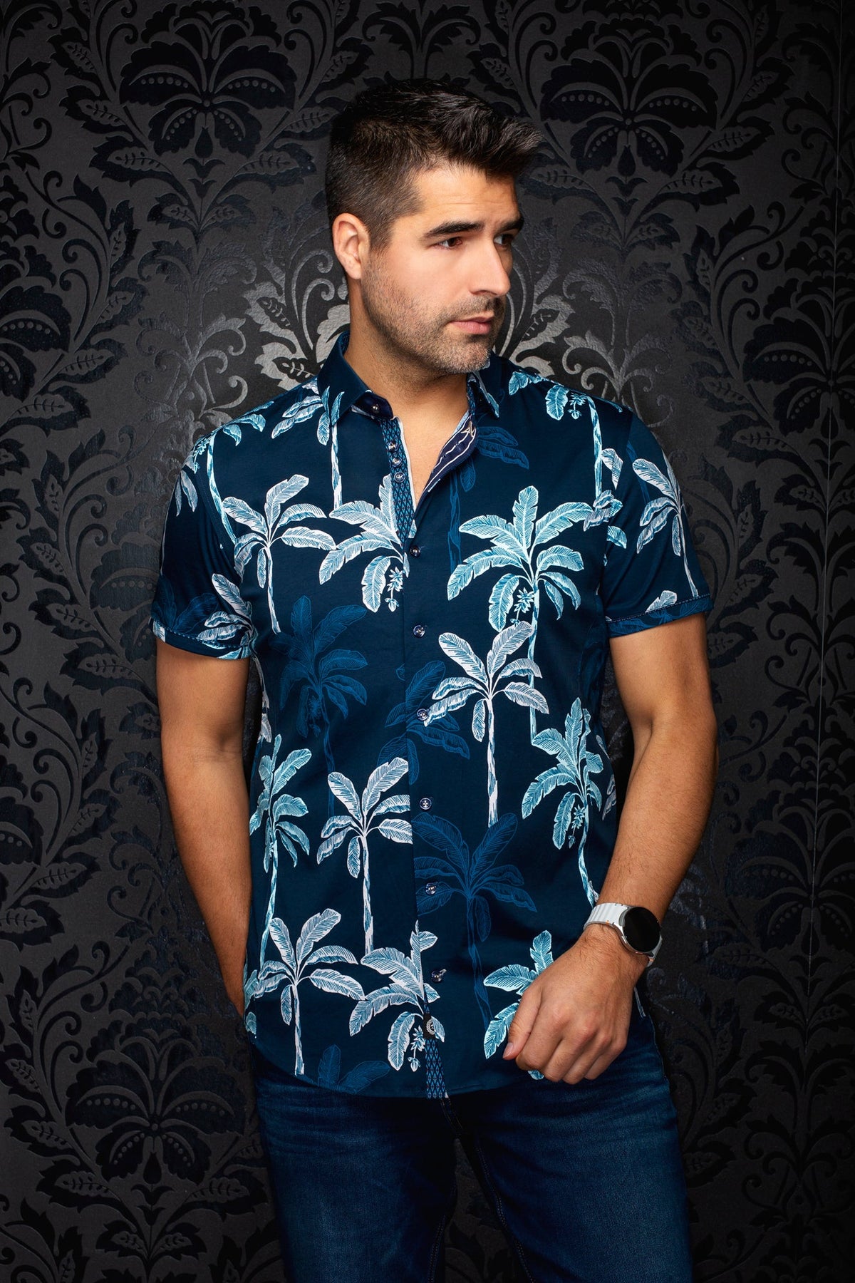 Chemise manches courtes en Knit extensible pour homme par Au Noir | AZURE (SS) Marine | Boutique Vvög, inventaire complet de la marque Au Noir