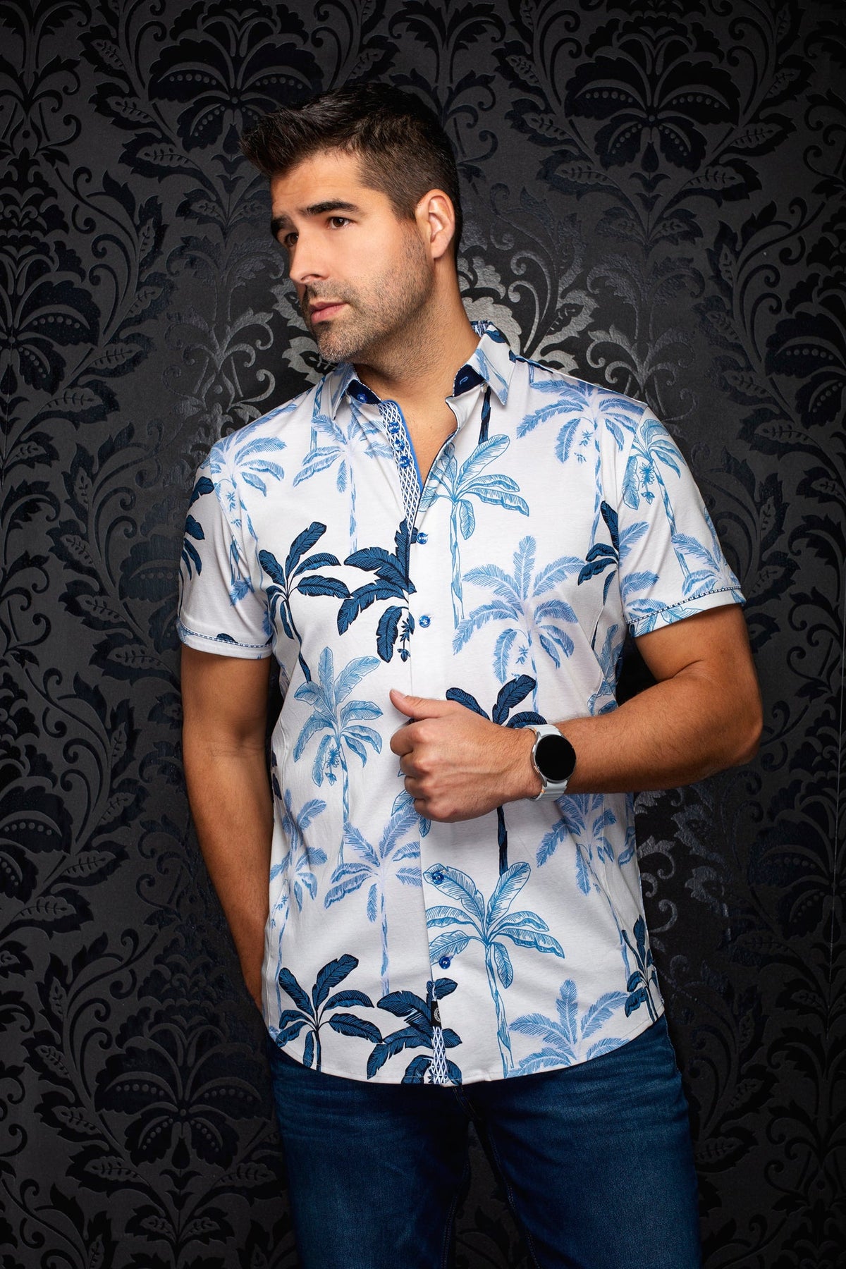 Chemise manches courtes en Knit extensible pour homme par Au Noir | AZURE (SS) Pierre | Boutique Vvög, inventaire complet de la marque Au Noir