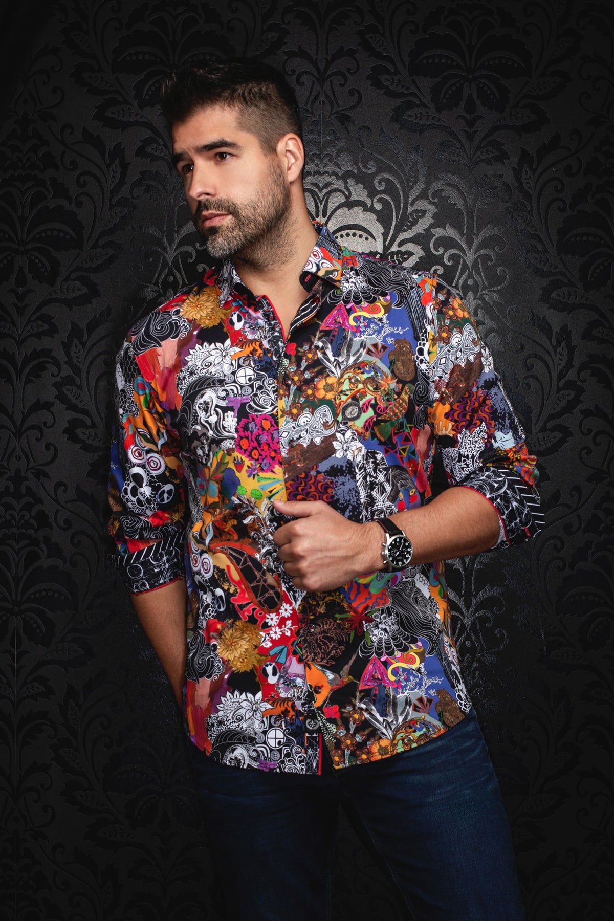 Chemise manches longues en Knit pour homme par Au Noir | BALZAR Noir Multi | Boutique Vvög, inventaire complet de la marque Au Noir