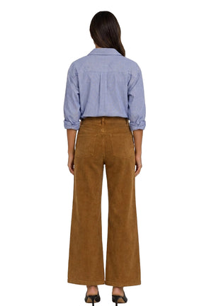 Carreli Jeans women's brown wide-leg pants with patch back pockets, belt loops, and full-length hems, back view
