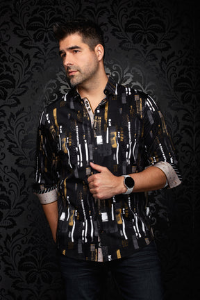 Au Noir men's black button-up shirt with contrast cuffs, gold abstract print, gray and white, front view