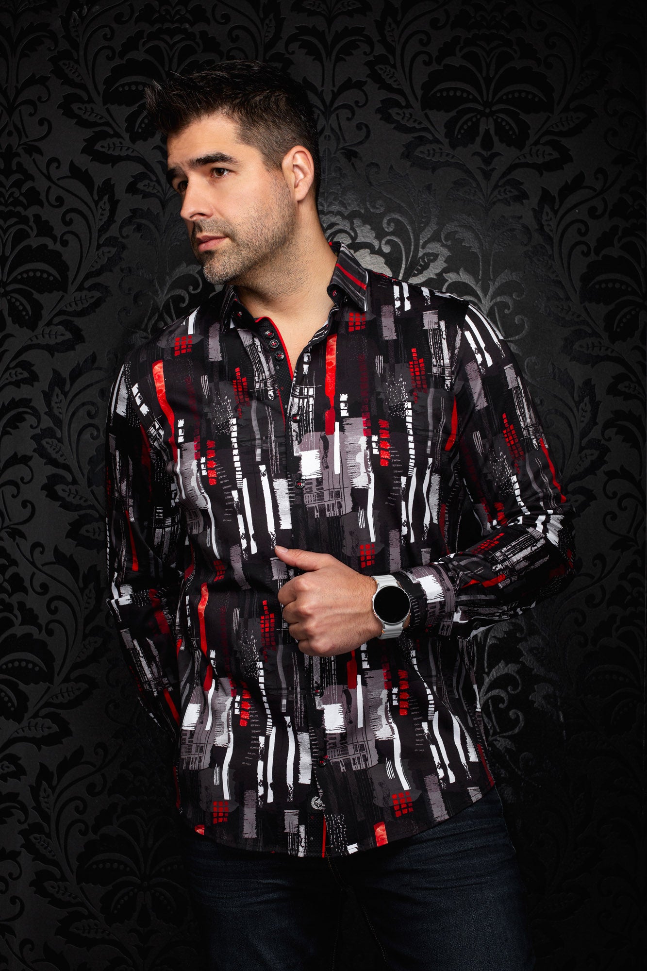 Au Noir men's black printed button-up shirt with red abstract pattern, white and gray, front model view