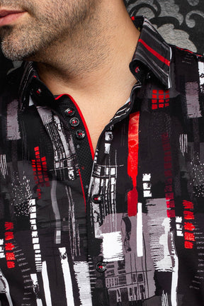Au Noir men's black printed button-up shirt collar with striped inner collar detail and red piping, close-up