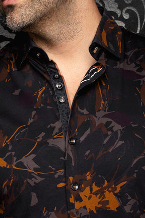 Au Noir men's black abstract floral shirt collar, rust-brown print details and button placket, close-up