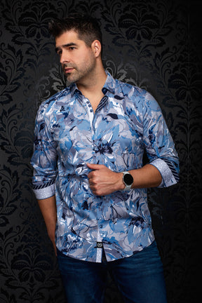Au Noir men's light blue floral button-up shirt with curved hem and rolled contrast cuffs, front model view