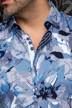 Au Noir men's light blue floral shirt collar, contrast patterned placket and dark blue buttons, close-up