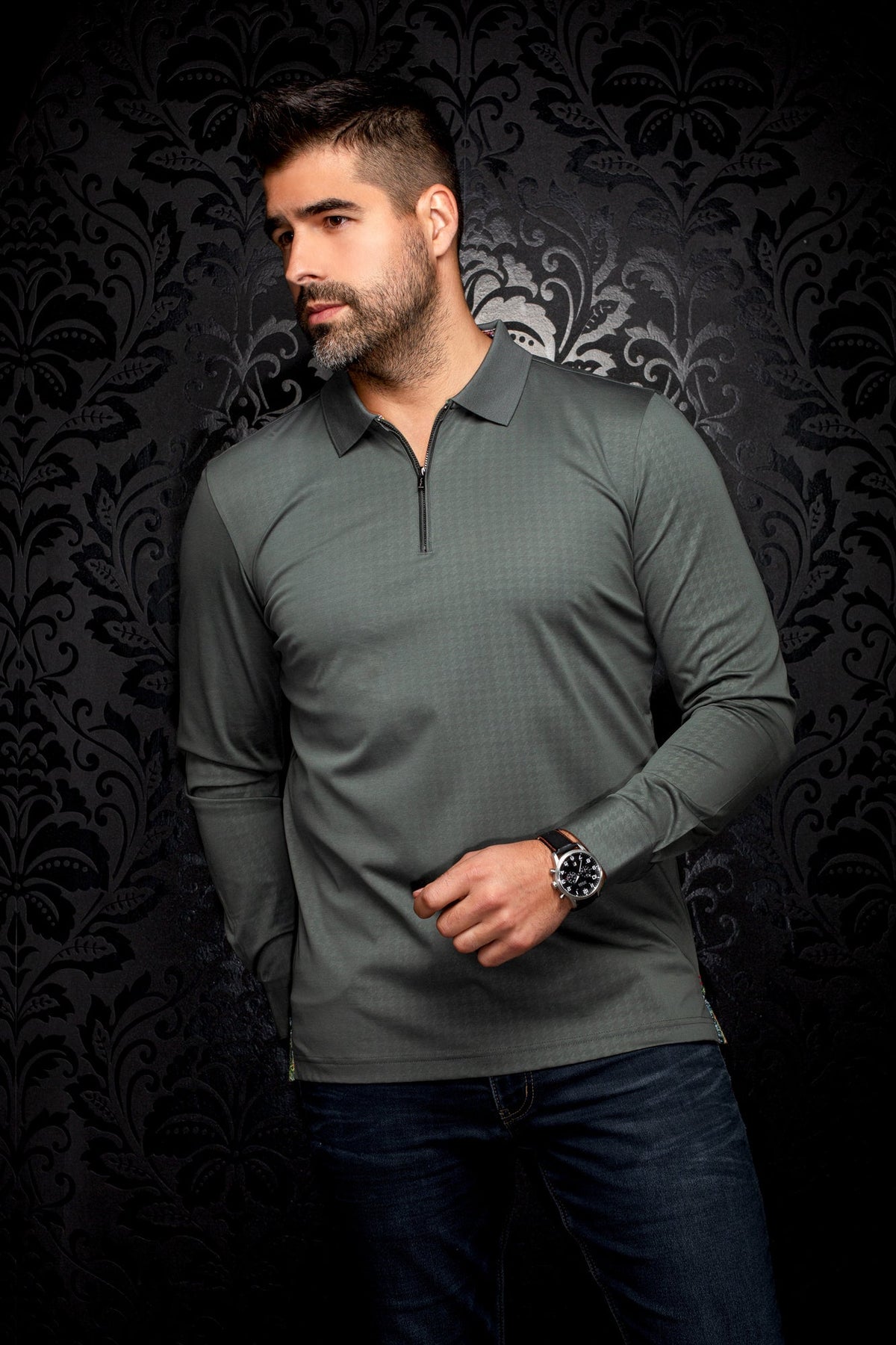 Polo manches longues pour homme par Au Noir | BENTLEY Olive | Boutique Vvög, inventaire complet de la marque Au Noir