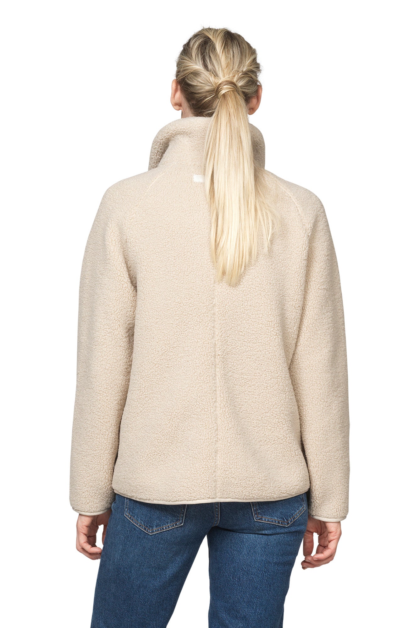 Ilse Jacobsen women's cream teddy fleece jacket on model, back view with high collar and center back seam