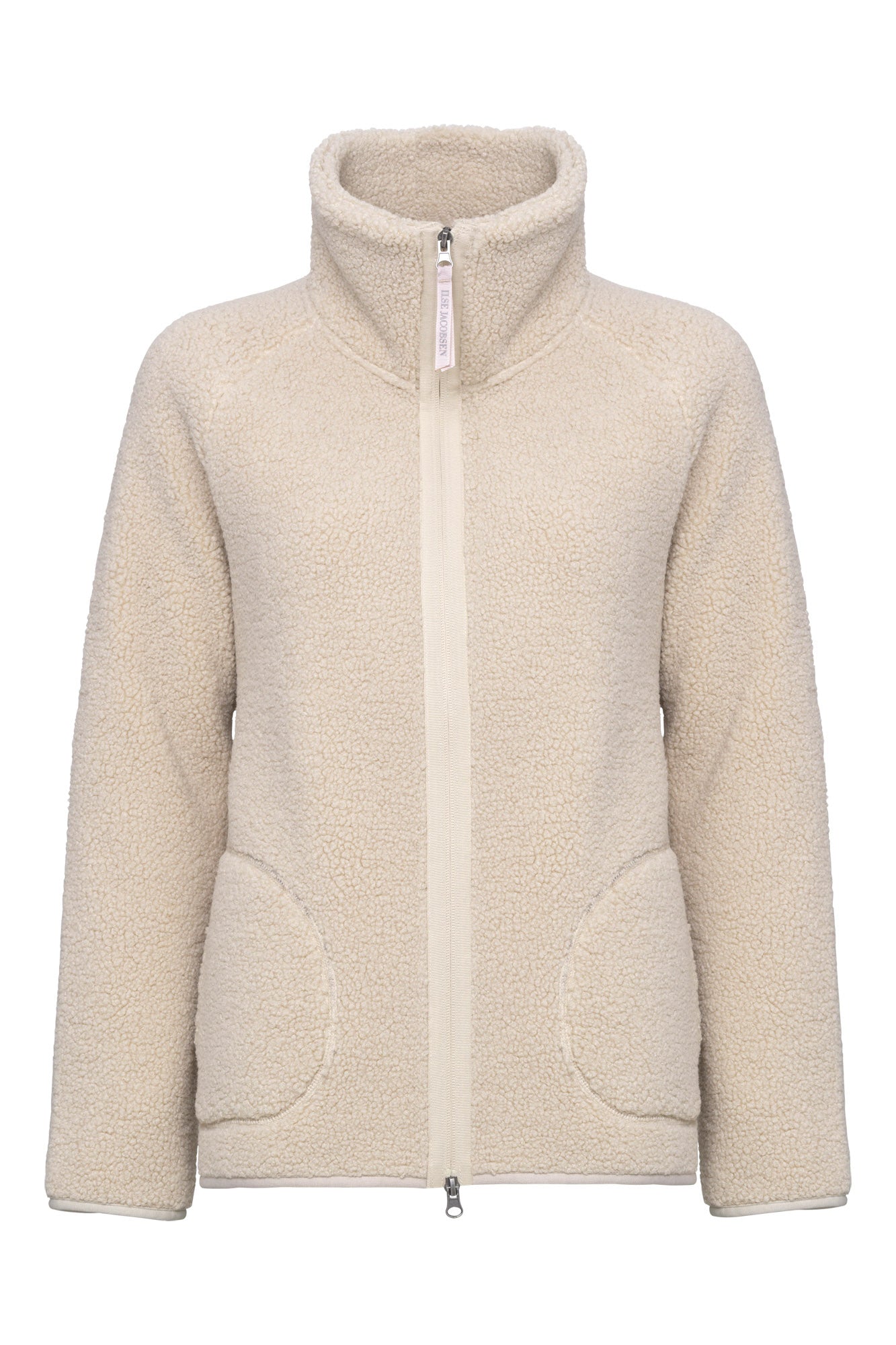 Women's cream teddy fleece jacket front product view with full zipper, stand collar, and patch pockets by Ilse Jacobsen