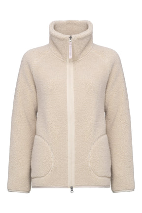 Women's cream teddy fleece jacket front product view with full zipper, stand collar, and patch pockets by Ilse Jacobsen