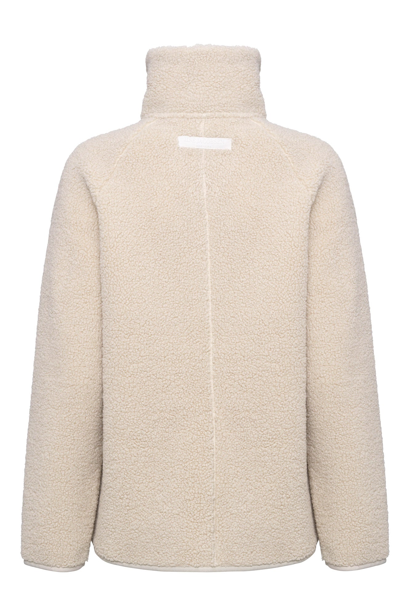 Ilse Jacobsen women's cream teddy fleece jacket back product view with high collar, center seam, and logo label