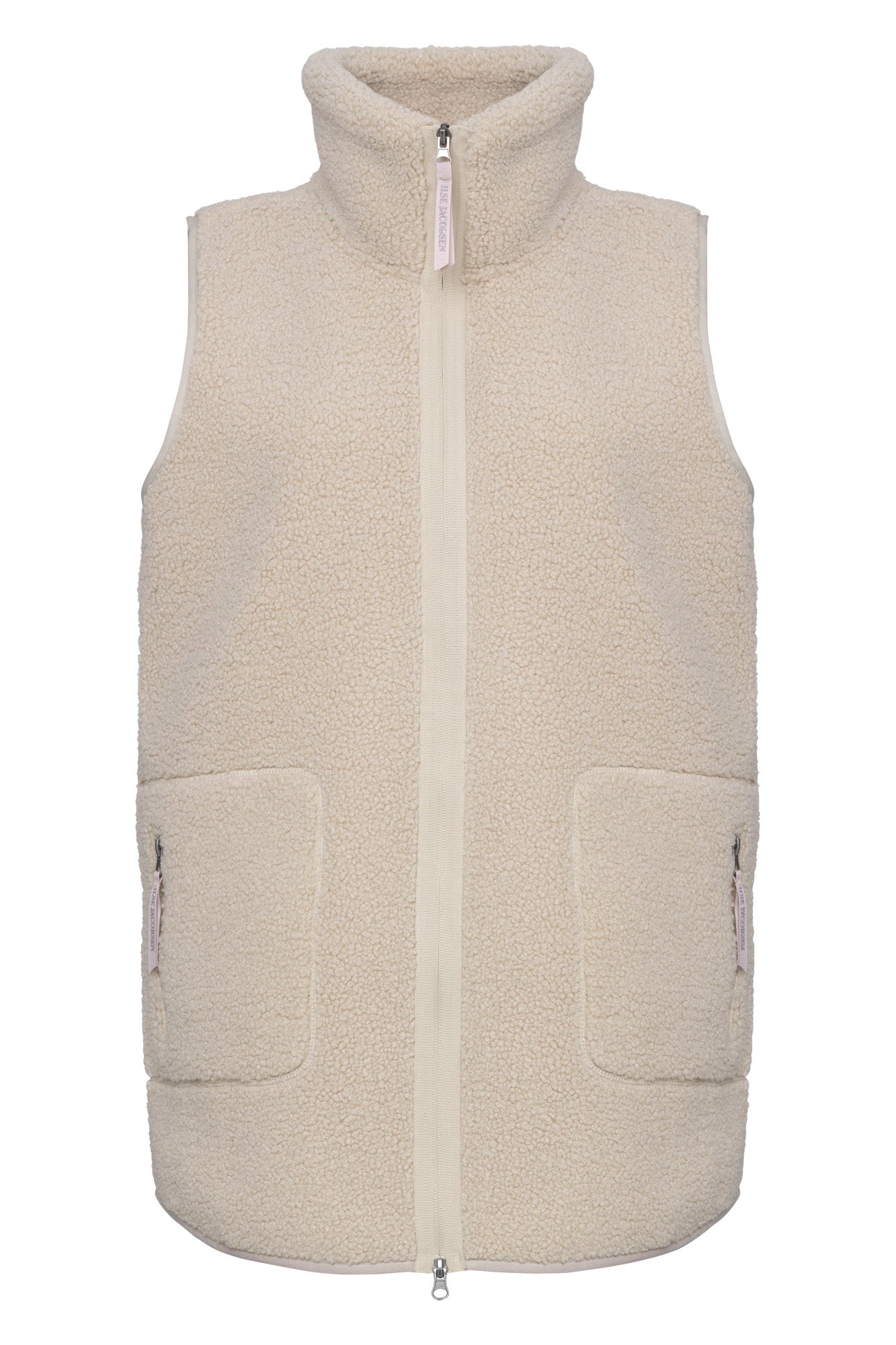 Women's cream curly fleece vest front view with stand collar, full zipper and zip patch pockets by Ilse Jacobsen
